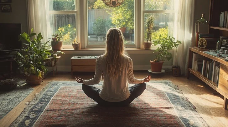 Person practicing mindful morning stretching in a bright, peaceful room surrounded by plants