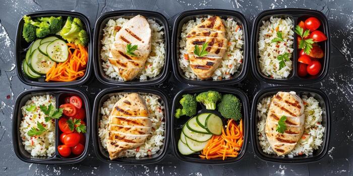 Organized meal prep containers with colorful balanced meals including vegetables, grains, and protein
