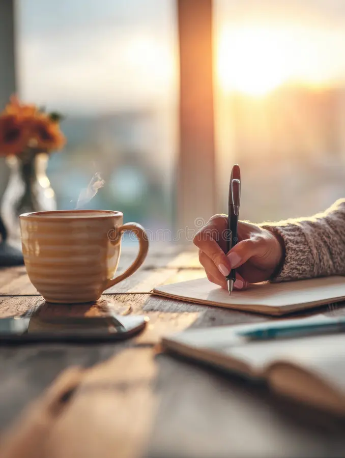 Person sitting quietly by a sunlit window with a warm drink, journaling in the early morning